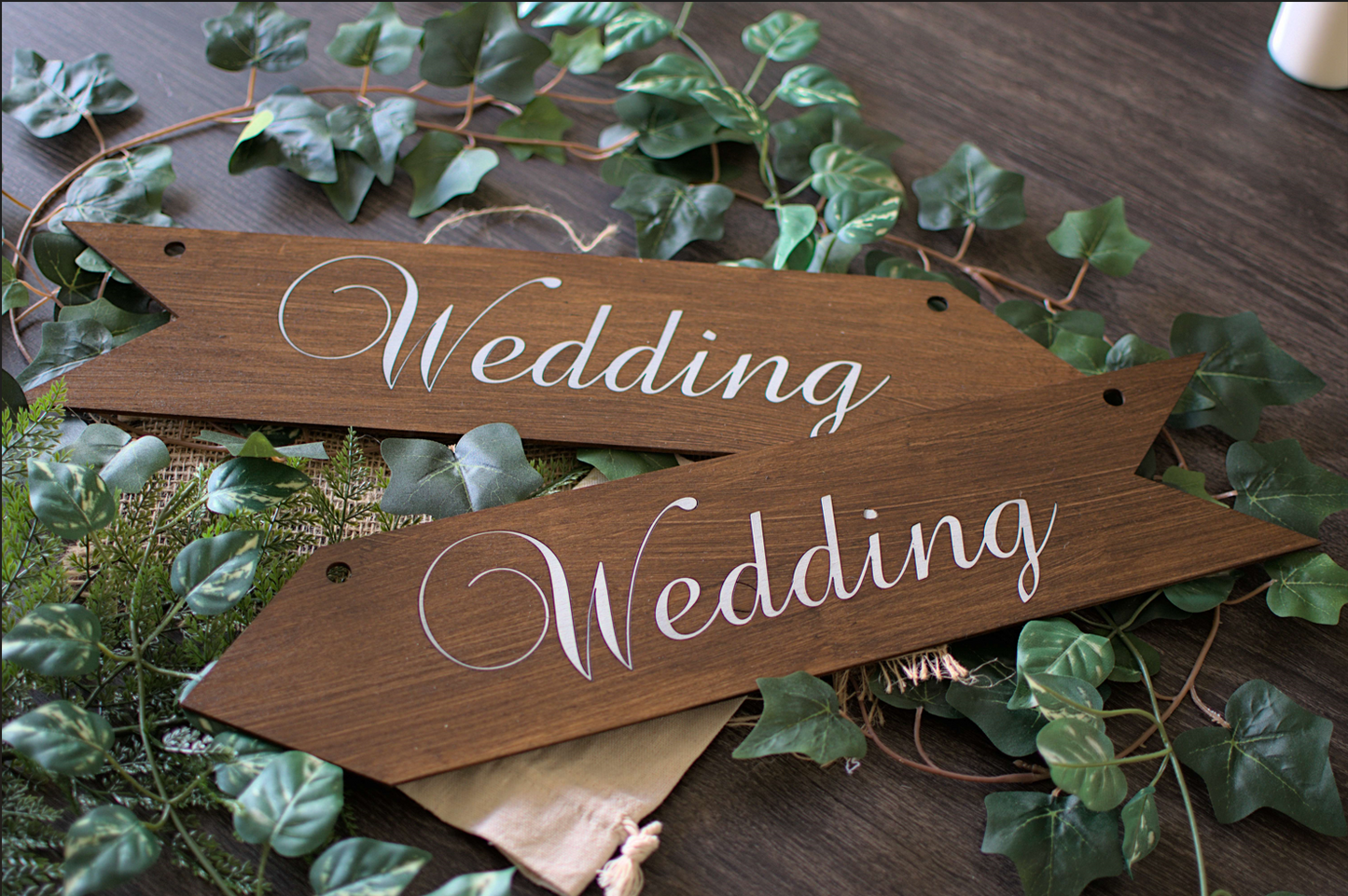 Elegant Laser Cut Wedding Arrow Signs | Dark Varnish Finish | Indoor Décor