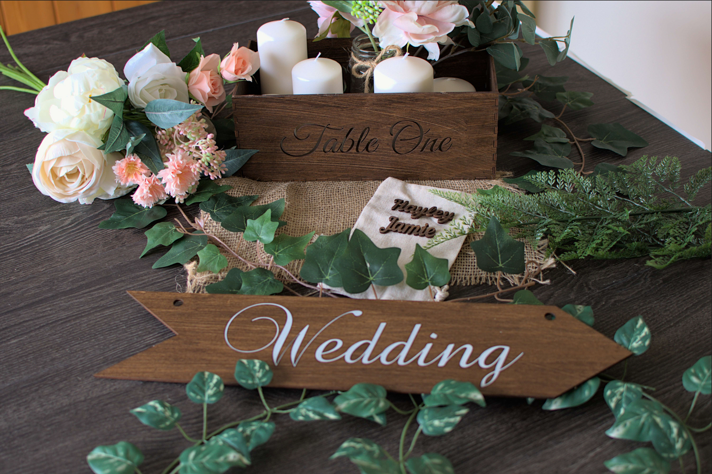 Elegant Laser Cut Wedding Arrow Signs | Dark Varnish Finish | Indoor Décor