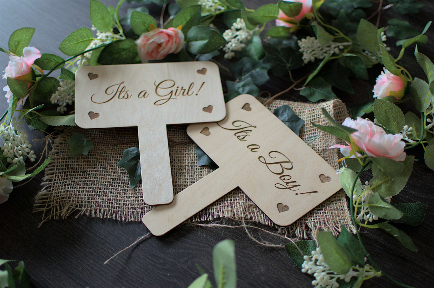 Rustic Wooden Gender Reveal Signs - 'It's A Girl!' and 'It's A Boy!' - Laser Etched Birch Wood Decor