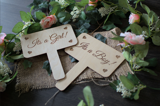 Rustic Wooden Gender Reveal Signs - 'It's A Girl!' and 'It's A Boy!' - Laser Etched Birch Wood Decor